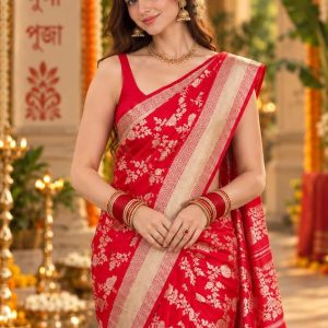 Womens Red and Gold Zari Saree